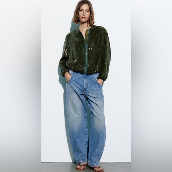 Zara NWT Emerald Green Sequin Bomber Jacket Size M - Picture 6 of 17